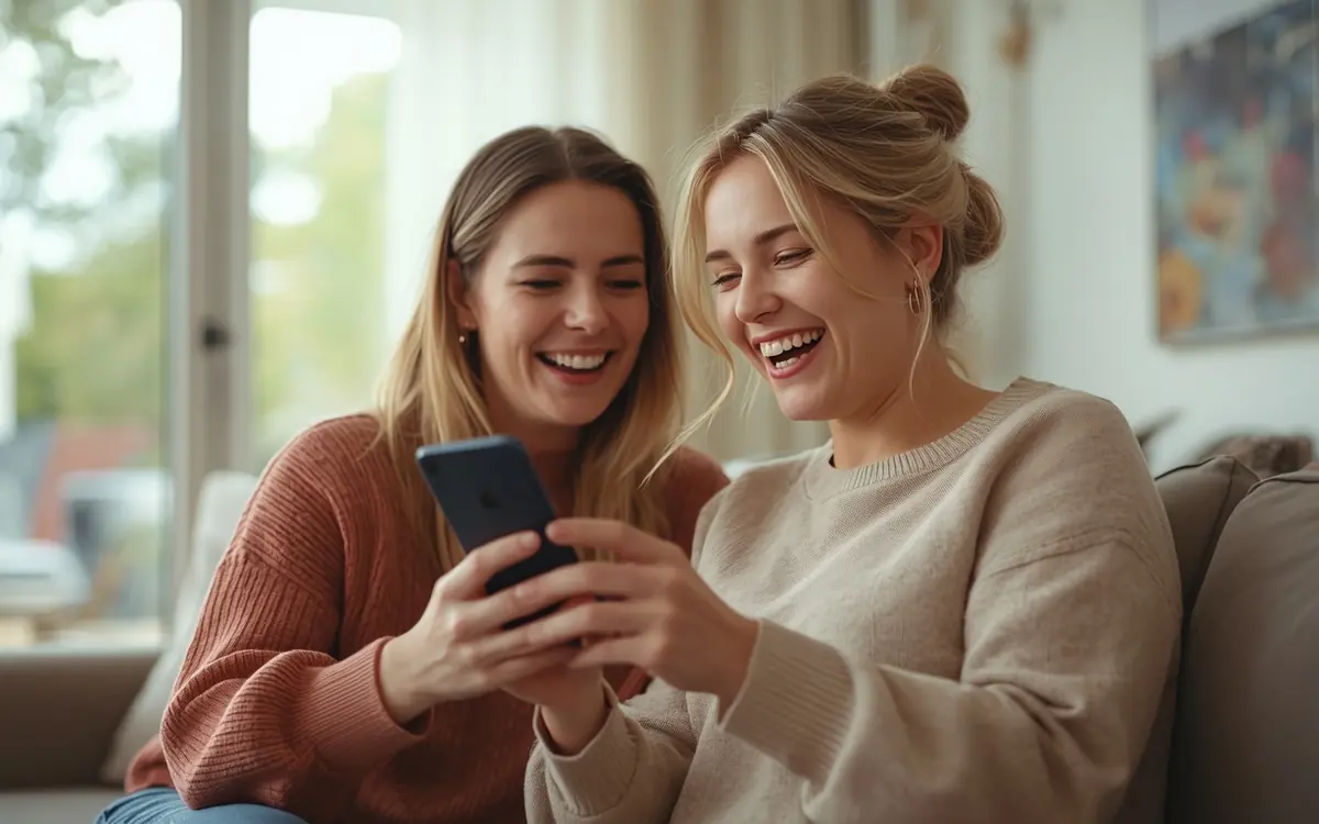 Twee vrouwen bekijken samen een telefoon en lachen